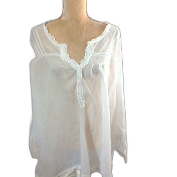 DKNY Jeans White Peasant Blouse 22/24W 100% Cotton Pintuck Ruffle Boho Top 31” - Picture 2 of 6